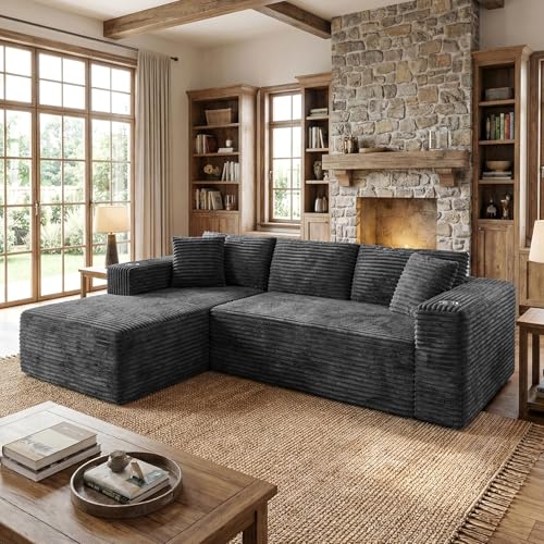 Shintenchi 103 Boneless Couches for Living Room with 2 Cup Holders L Shaped Modular Sectional Sofa Set No Assembly Needed Plush Corduroy Living Room Set Dark Gray