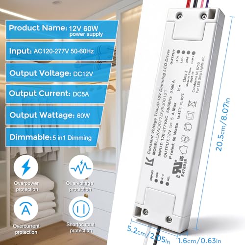 Image of 12V 60W Dimmable LED Driver, 5-in-1 Constant Voltage Triac /ELV /MLV /0-10V /1-10V /PWM /V-R Dimming AC to DC Power Supply, ETL Listed LED Transformer, UL Listed, Compatible with Leviton Dimmer
