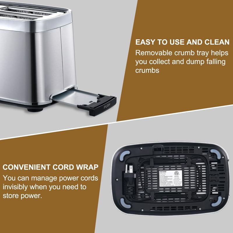 Smart Touch Screen Toaster 2 Slice, KETIAN Automatic Digital Stainless Steel Toaster,7 Bread Types,Single Slot Tech,7 Browning Settings,Removable Crumb Tray,1400W (Silver)