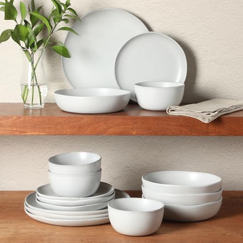 Image of Gibson Elite Menlo Park 16-Piece Pottery Clay Stoneware Dinnerware Set - White Reactive Glaze, Embossed Plates and Bowls W /Pasta Bowl, Service for 4 - Microwave & Dishwasher Safe