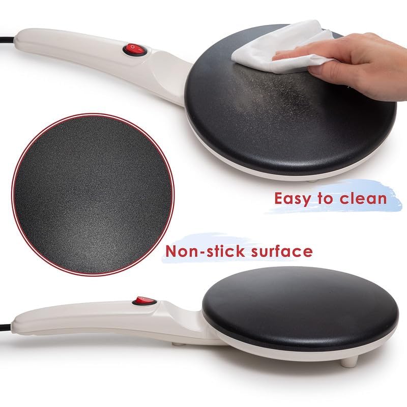 Image of Moss & Stone White Electric Crepe Maker, 8 inch Portable Nonstick Crepe Pan | Nonstick dipping plate, auto shut-off, on /off switch, even heating, automatic temperature control, compact design