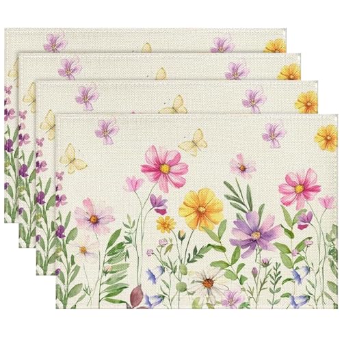 Juego de 4 Manteles Individuales Flores, 30x45cm Primavera Individuales Flores y Mariposas, Tulipán Lavanda Manteles Individuales Tela Lavables para Cocina, Comedor, Camping, Fiesta (A)