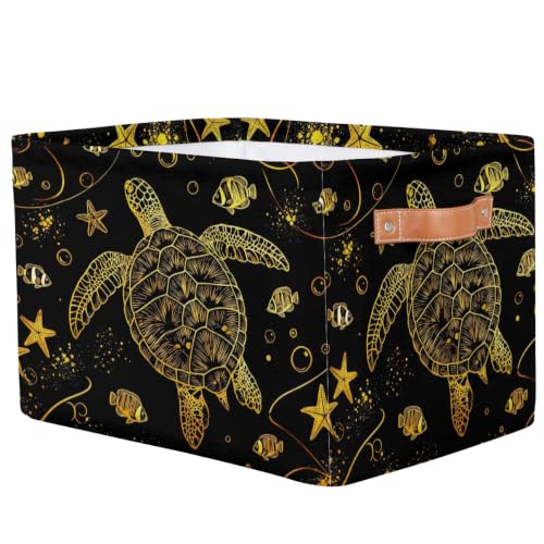 Image of Gold Sea Turtle Square Storage Basket, Starfish Tropical Fish Fabric Storage Bin with Leather Handles Collapsible Storage Bin Nursery Hamper for Organizing Toys, Clothes, Books, Gift Baskets
