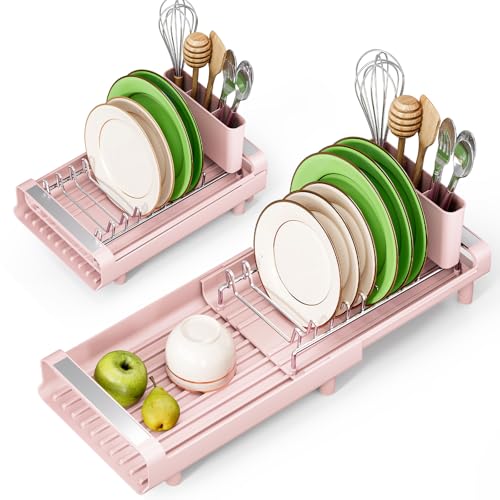 Image of TOOLF Small Dish Drying Rack, Mini Expandable Compact Dish Rack, Slim Extendable Stainless Steel Dish Drainer for Kitchen Plate Storage, Space Saving Dish Strainer in Sink or on Home Countertop, Pink