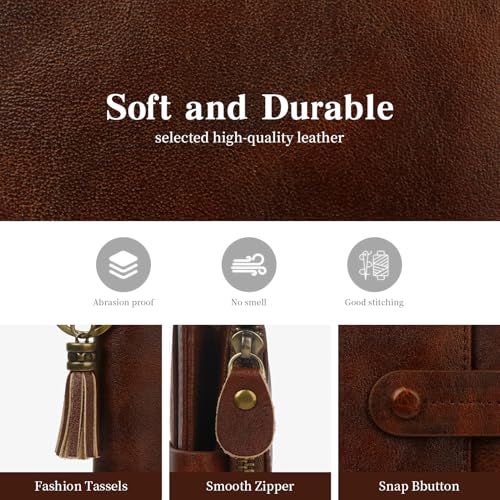 Image of Leather Wallet Women,RFID Blocking Small Wallets for Women Compact Bifold Slim Wallet Card Holder With Zipper Coin Pocket darkbrown