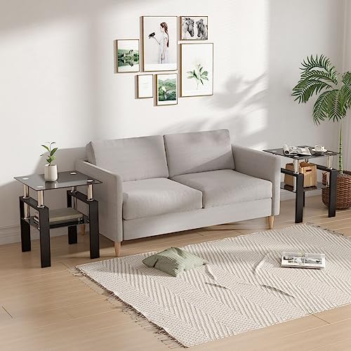Image of Meihua 2pcs Glass Side Table for Small Space, Square Glass End Table, 2-Tier Modern Nightstand with Metal Legs for Living Room & Bedroom, Black Glass and Black Leg