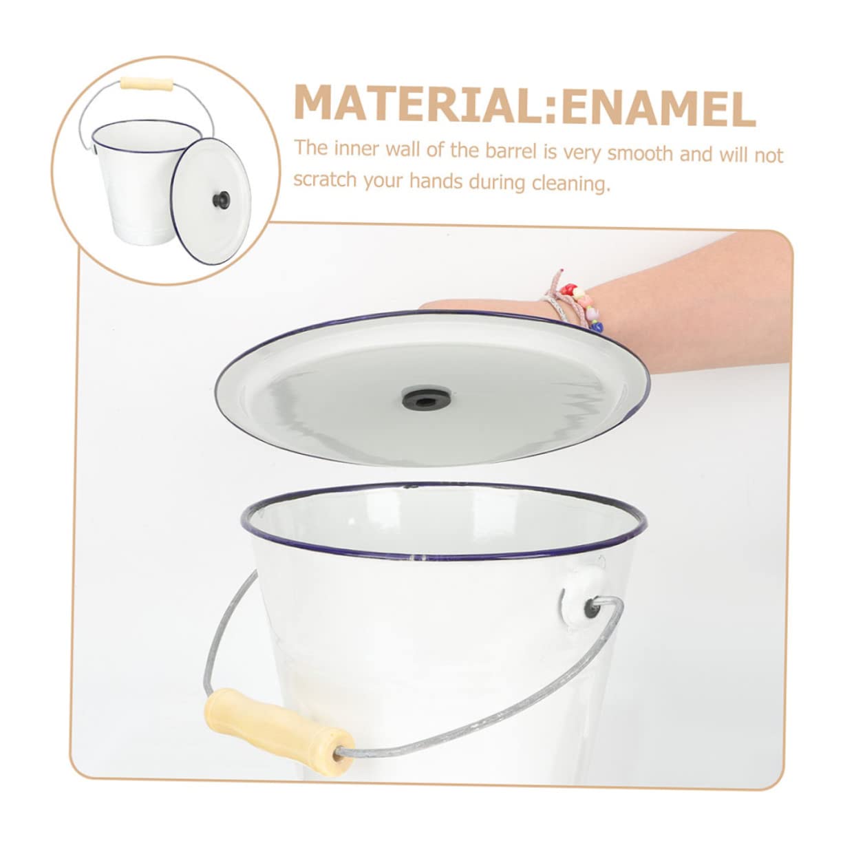 HOLIDYOYO Enamel Bucket with Lid, 7L Vintage Metal Utensil Pail with Wood Handle Rice Dispenser Dog Food Bin Bacon Grease Container Ice Bucket Laundry Storage Organizer