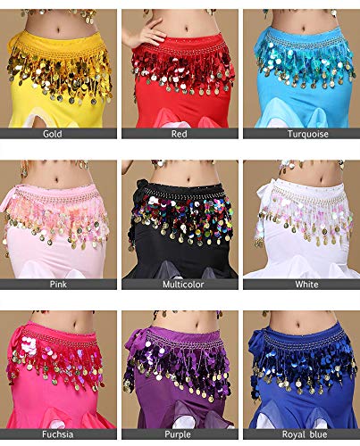 Image of VRITRAZ Women's Chiffon Belly Dance Hip Scarf Waistband Belt Skirt Mixed Colors Beads and Golded Coins 56 Black