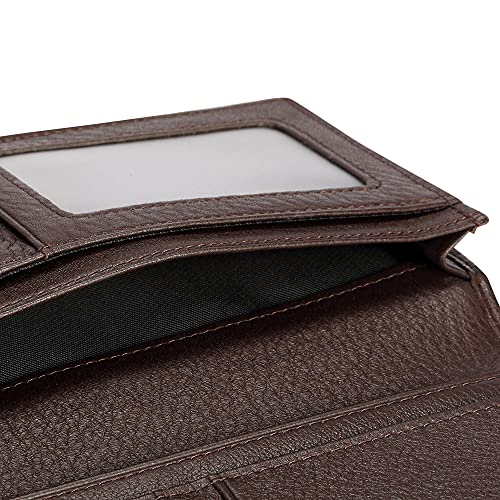 Image of HISCOW Full Grain Leather Men's Long Wallet, 15 Card Slots, Pebbled Coffee, 6.97 inchH x 3.5 inchW x 0.98 inchD, Classic | Gusseted bill compartment, tall bifold design, clear ID window, ideal for coat pockets or briefcases, turned-edge, gift box