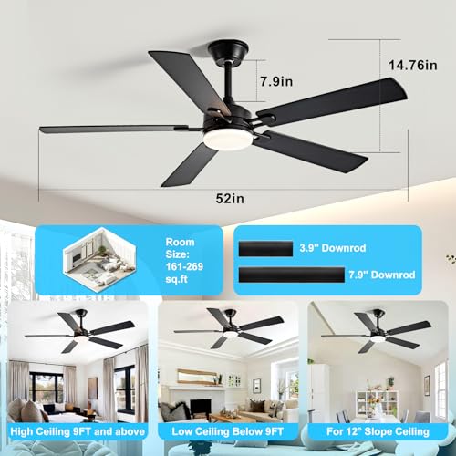 Image of Depuley 52-inch Ceiling Fan with Light: Black Ceiling Fan for Living Room Indoor Outdoor - Modern Ceiling Fan with Remote Control 3CCT Dimmable Noiseless 5 Reversible Walnut Blades 6 Speeds Timer