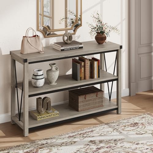 119 cm Narrow Farmhouse Console Table with Storage – 3-Tier Wooden Entryway Table, Long Foyer & Hallway Sofa Back Table for Majlis & Living Room
