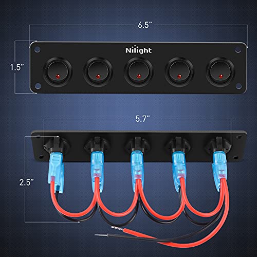 Image of Nilight 5 Gang 3 Pin Rocker Switch Panel On Off SPST Toggle | 12V 12V /20A 24V /10A Pre-Wired for LED Light Bar Rear Rock Lights Cars Trucks RV Boats 4X4 Red