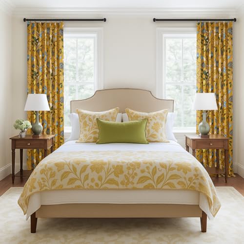 Image of 90 Inches Long Curtains 2 Panels for Living Room Bedroom Unique Elegant Colorful Floral Hummingbird Patterned Rustic Mustard Yellow Pinch Pleated Drapes for Classroom Room Office 40x90