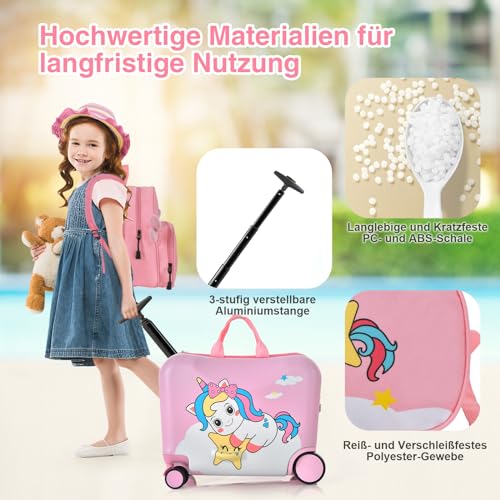 COSTWAY 2-częściowy zestaw bagażu dziecięcego + plecak, walizka 12″+18″ na kółkach z wodoodporną twardą obudową, dziecię