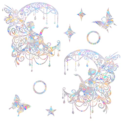 Fairy and Moon Anti-Collision Window Decals - Non-Adhesive Prismatic Rainbow Suncatcher Stickers