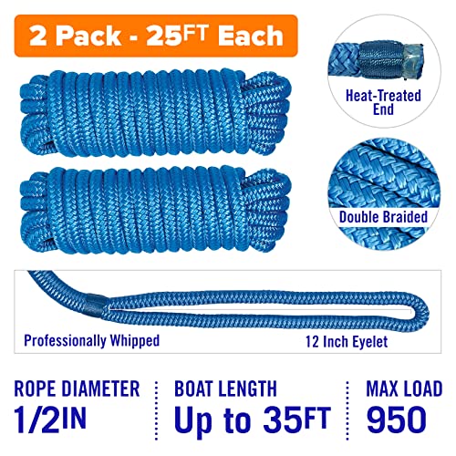 Image of Dock Lines for Boats 1 /2 inch x 25ft, 2 Pack Double Braided Nylon Boat Rope