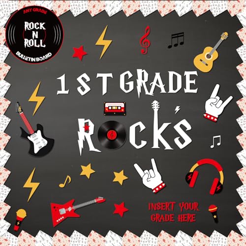 Humyoun 97 Pcs Rock and Roll Bulletin Board Cutouts Music Theme Classroom Decorations Rock Guitar Music Records Cutouts for School Bulletin Board Decor(Black, Red, Yellow)