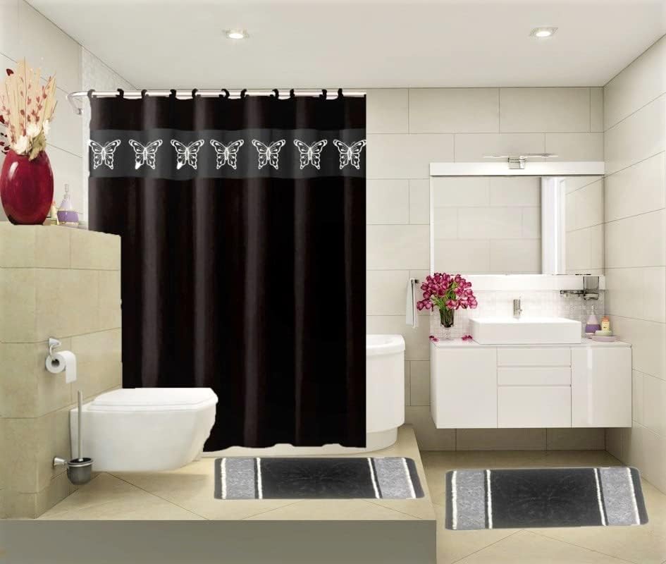 Juego de 15 tapetes de baño para baño, cortina de ducha, diseño estampado de mariposa o peine de miel (color negro mariposa)