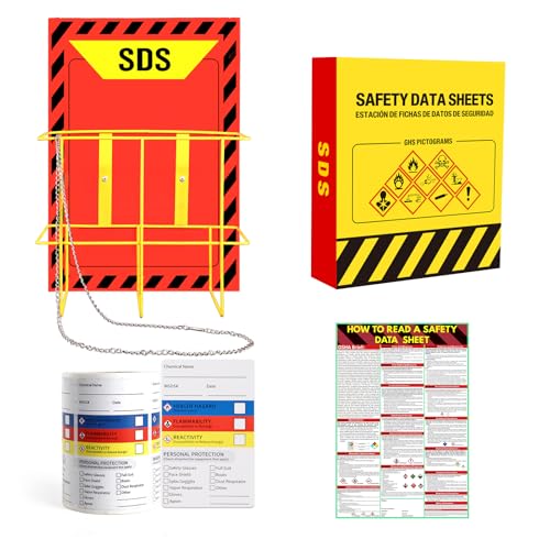 MSDS SDS Binder and Wall Station - Yellow Heavy Duty 3 Inch Material Safety Data Sheet 3 Ring Binder with SDS Wire Rack and Display Sign, Chain,Mounting Hardware,Safety Posters,MSDS Labels