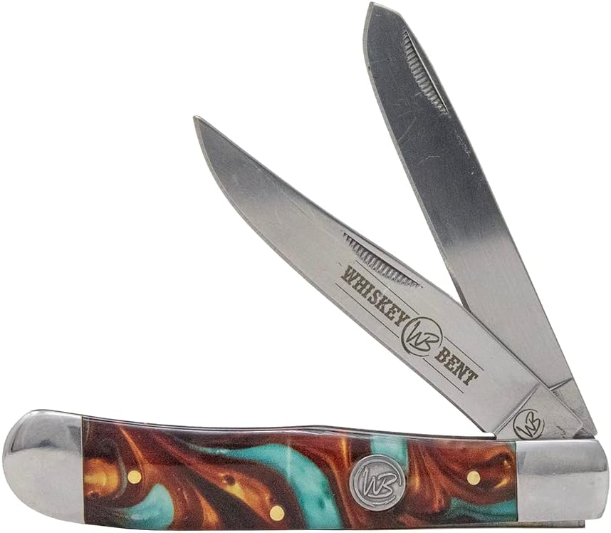 WHISKEY BENT HAT CO. Traditional Trapper Folding Pocket Knife 4.125" Closed Length 440C Stainless Steel Blades (Floral Tool)