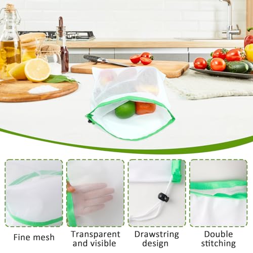 Miniatura 3 de Qingyiwl 12 Piezas Bolsas De Malla Reutilizables, 35 X 30 Cm Lavable Bolsas De Frutas Y Verduras Con Cordón, Bolsa De Malla Para Alimentos, Verduras, Frutas, Juguetes