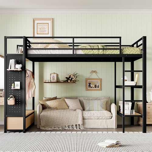 Image of Bellemave Queen Size loft Bed with Wardrobe and Storage Shelves and Pegboard Drawers, Metal Queen Loft Bed Frame for Adults, Kids, Teens, Black