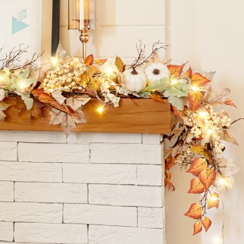 Fall Garland with Lights, 6Ft Lighted Fall Leaves Garland for Mantle Outdoor Home Door Table, with Pumpkins,Fall Decor Autumn Thanksgiving Decorations