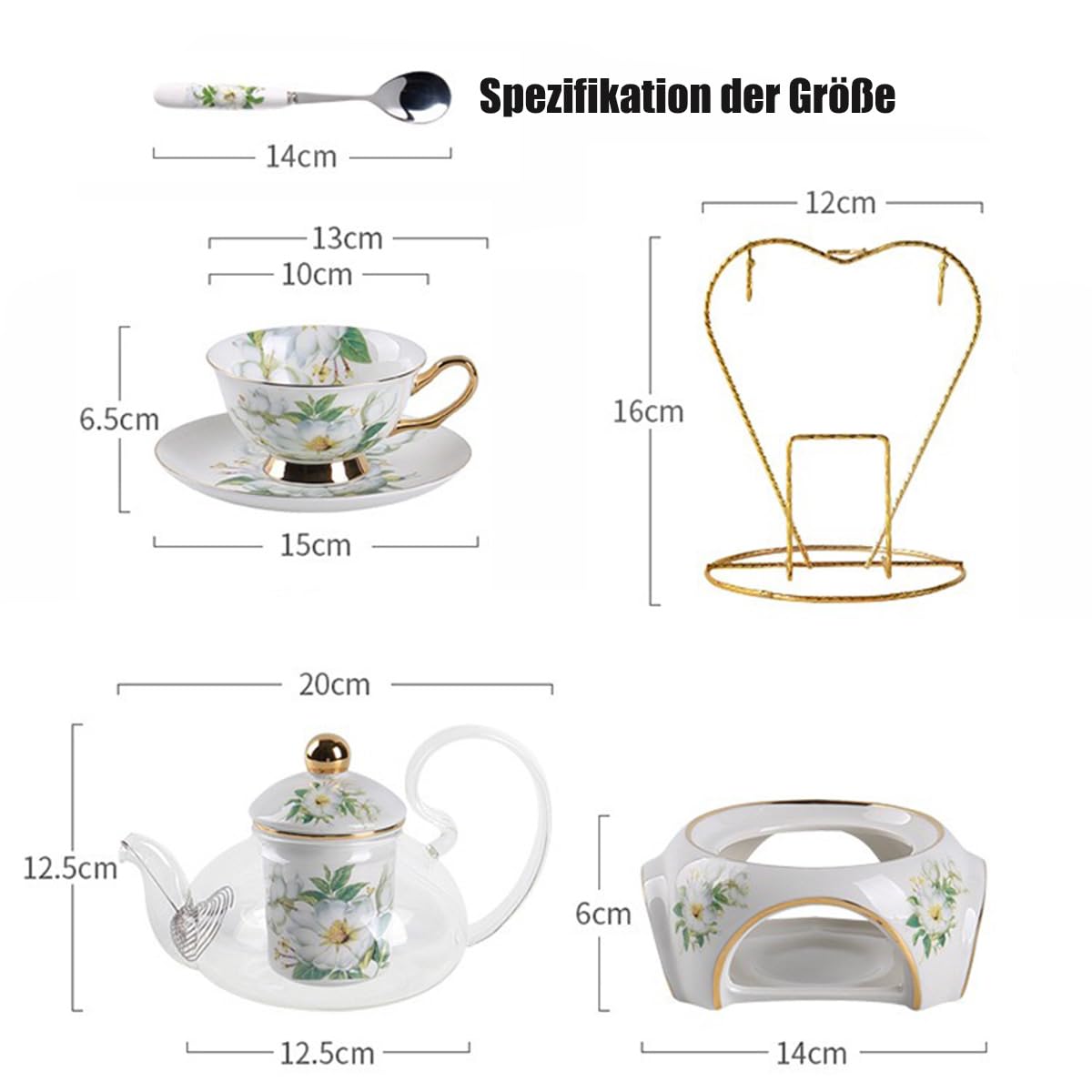 9 Stück Europäischen Blumen Tee Set,Muster Bone China Tee Set Service Kaffee Set, Beheizte Glas Teekanne, Für Geschenk Und Haushalt, Hochzeit (Kamelienblüten-Muster)