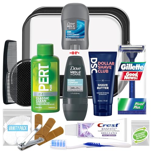 Image of Convenience Kits International Men's Super Deluxe, 16-Piece Kit with Travel Size TSA Compliant Essentials in Reusable Zippered Toiletry Bag (Pack of 10)