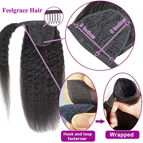 Feelgrace Kinky Straight Human Hair Ponytail Extensions Natural Black Color Brazilian Real Human Hair Clip In Drawstring Yaki Kinky Straight Ponytail Hairpiece Afro Ponytail Hair Natural Black Color 14 Inch thumb #6