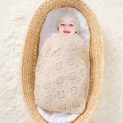 Image of mimixiong Baby Swaddle Blanket 100% Cotton Gender Neutral Pointelle Receiving Blanket for Boys Girls Cuddle Stroller Crib Blanket (Oatmeal)