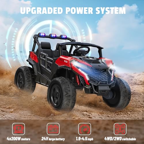 ARBELI 24V 2 Seater Ride on Car Truck 4x200W, EVA Tires, 4WD/2WD, Rainbow Lights, Remote Control, Shock Absorbers, Bluetooth, Ride on Toy for Kids Ages 3-8, Red - Thumbnail 3