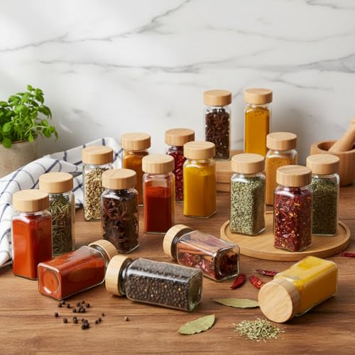 Image of WHISKET - 100 Ml Multipurpose Spice Jars Set With Bamboo Lids | Square Spice Jars Set| Moisture-Resistant Masala, Herbs & Seasonings Storage Containers.(10)