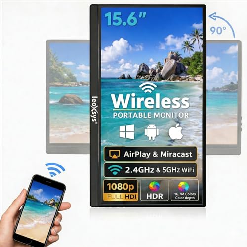Image of 15.6 Inch Wireless Portable Monitor,Full HD 1080P IPS Display,Screen Mirroring via WiFi (Miracast /AirPlay), HDMI /Type-C Support,Compatible with Laptop,Android,iPhone,Mac,PS5 | 1 Year Warranty