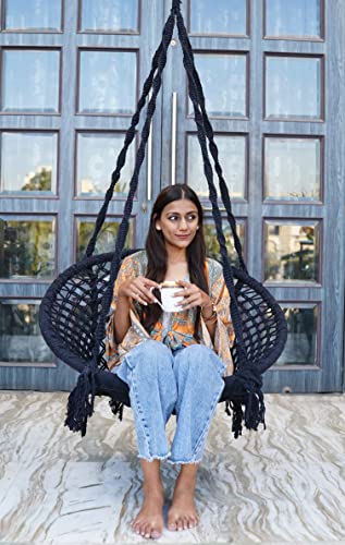 Image of Patiofy Swing for Adults - Wooden Jhula for Living Room, Balcony, Home - Large Cotton Round Hammock Hanging Chair (Black)