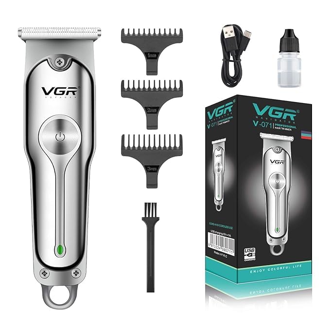 Image of VGR V-071 Cordless Professional Hair Clipper | Hair Trimmer | Runtime: 120 Min | Trimmer for Men with 3 Guide Combs (Silver) | Battery Powered