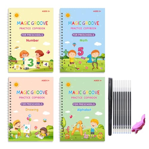 4PCS子供の幼児用手書きの手書き練習のための魔法の溝のある追跡シート付きの4PCS執筆練習書