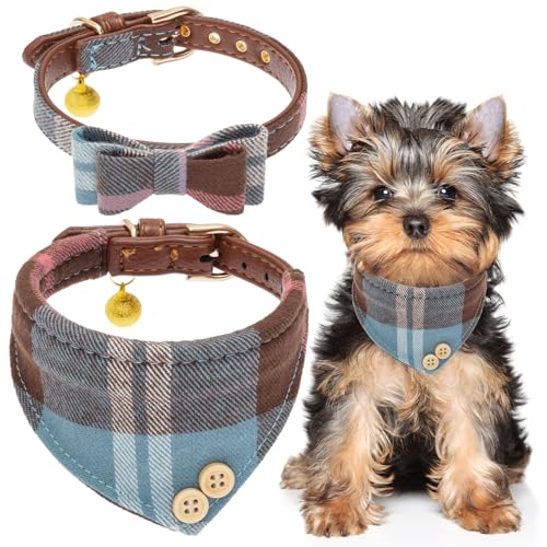 Image of EXPAWLORER Dog Collar Bandana Set - Classic Plaid Dog Bow Tie and Bandana Collar with PU Leather, Adjustable Collars for Small Medium Large Dogs Cats, Holiday Ideal Gift, Blue S