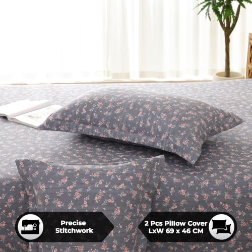 Image of Story@Home King Size Air Cotton Bedsheet 240 TC Flat Sheet with 2 Pillow Covers, Soft & Durable Bed Sheet for King Bed (250 x 270 cm, Floral Print, Dark Grey)