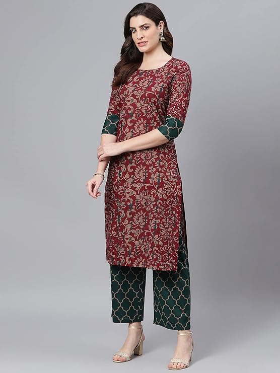 Image of idaLia Pure Cotton Kurta Set with Dupatta - Printed Kurta, Palazzo Pant & Dupatta, 3 /4 Sleeve, Round Neck, Calf Length Maroon