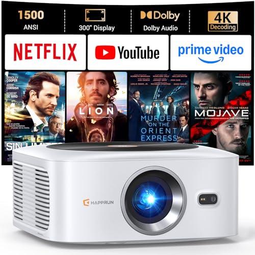 HAPPRUN 1500 ANSI Lumens Outdoor Projector with Built-in Streaming Apps, 4K Decoding Resolution, Auto Focus, Dolby Audio, Smart Projector with WiFi 6 and Bluetooth 5.2, Indoor Home Theater