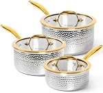Michelangelo Triply Stainless Steel Saucepan Set, Luxury Hammered Stainless Steel Sauce Pans with Golden Handle, Premium Sauce Pot Set, Induction Compatible