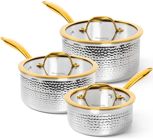 Michelangelo Triply Stainless Steel Saucepan Set, Luxury Hammered Stainless Steel Sauce Pans with Golden Handle, Premium Sauce Pot Set, Induction Compatible