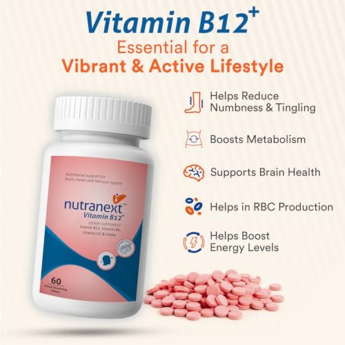 Image of Nutranext Vitamin B12 plus Chewable Tablets | with Vitamin B6, Folic Acid & Vitamin D | Supports Energy, Nerve & Brain Health | Strawberry Flavour | 60 Veg Tablets