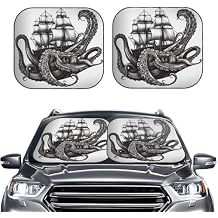 Car Windshield Sun Shade 2 Piece Front Windshield Sun Shade Black and White Octopus and Ship Sun Shades Auto Sun Heat and UV Rays Blocker Window Sunshade Protector for Car Sun Visor Protection