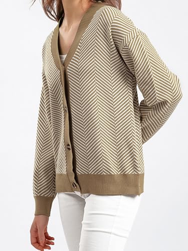 Image of ZAFUL Women's Striped Cardigan Button Up Open Front Knit Oversized Sweater | Button down, Soft chunky knit, Lightweight, Loose fit, Long lantern sleeve, Casual Daily Going Out, Fall Winter Outfits