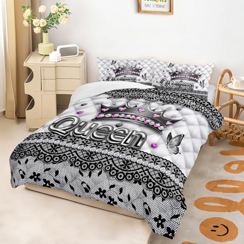 Image of AILONEN Queen Crown Comforter Set for Women,Black Lace Butterfly Bedding Set Full Size for Room Decor,3-Piece Luxury Black and White Quilt with 2 Pillowcases