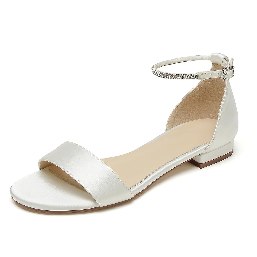 Damen Satin Riemchensandalen Flache Hochzeitsschuhe Offener Zehen Flache Braut Party Strandsandalen