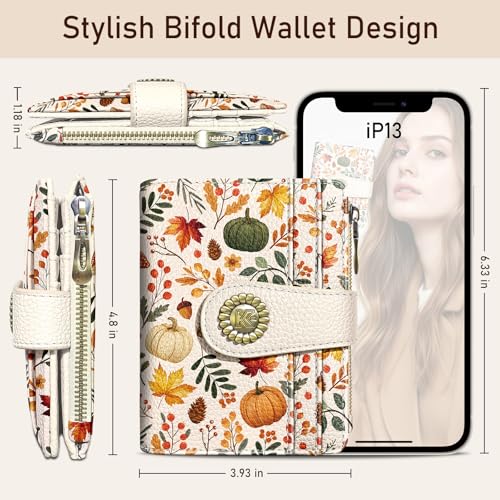 Image of Kelvoris Pumpkin Fall Leaves Mushroom Halloween Small Rfid Women Travel Wallet Bifold Zipper Coin Pocket PU Leather Compact Cash Credit Card Holder Female Ladies Teen Girls 1 ID Window 10 Card Slots