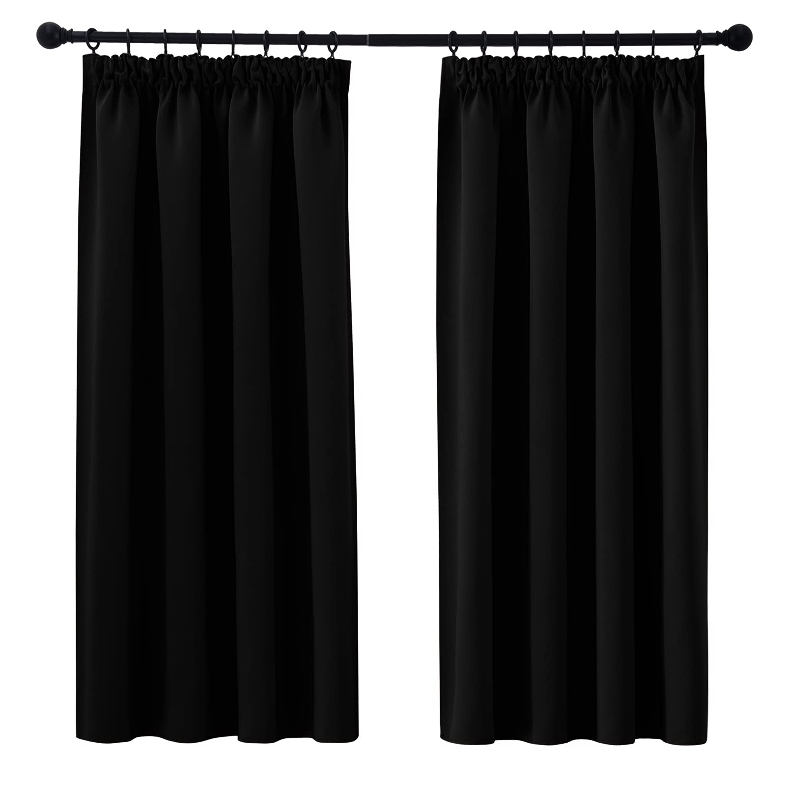 PONY DANCE Short Pencil Pleat Blackout Curtains - Black Thermal Curtains & Drapes with Hooks W46 X L36 Light Blocking Window Treatments Energy Saving for Bedroom, Caravan, Kitchen, 2 Panels